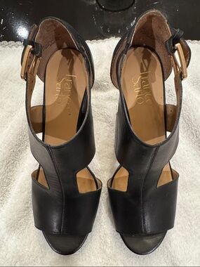 Franco Sarto Black Leather Cutout Ankle-Strap Heels with Gold Buckle